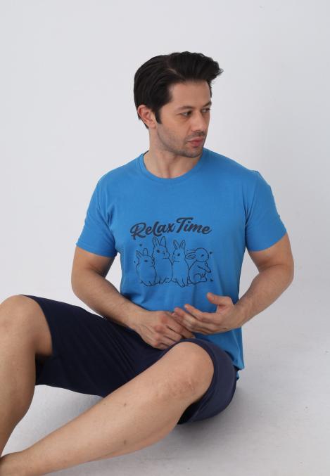 Pijama barbat cu maneca scurta si pantaloni 3/4, culoare albastru, Engros